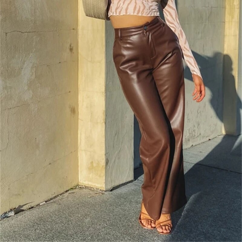 Brown Straight Faux Pu Leather Trousers for Women High Waist Zipper-Up Casual Female Autumn Brown Fleece Leather Wide Leg Pants