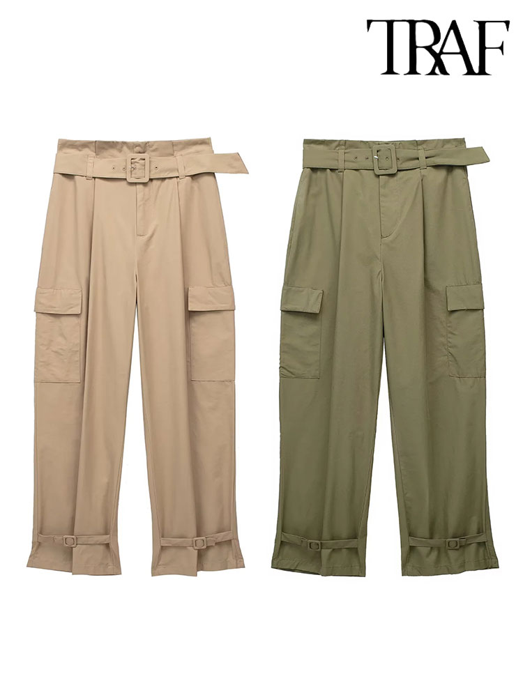 TRAF Women Cargo Pants 2023 Autumn High Waisted Patch Pockets Ankle Length Pant Female Casual Trousers