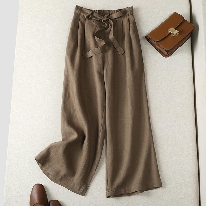 Lucyever Summer Thin Wide Leg Pants for Women Casual Loose Lace Up Cotton Linen Pants Woman Brown High Waist Straight Trousers