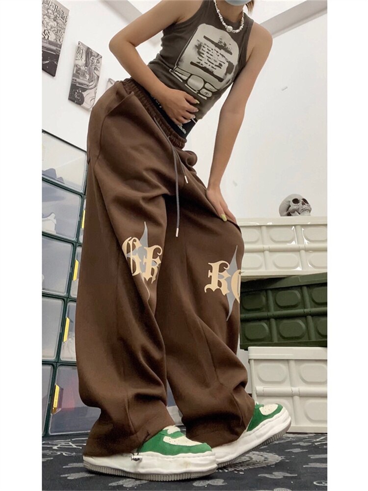 QWEEK Harajuku Y2K Brown Joggers Sweatpants Women Streetwear Hip Hop Letter Print Track Pants Oversized Kpop Gothic Trousers
