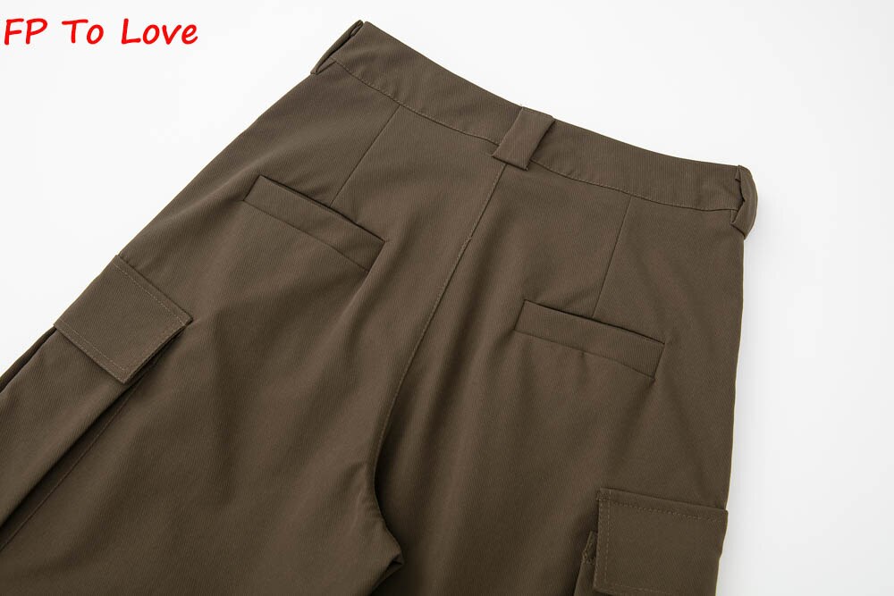 Y2K Neutral Brown Cargo Pants Loose Pocket Wide Leg Trousers Woman Female Street Stylish Autumn Spring PB&ZA Quality Y2K Neutral Brown Cargo Pants Loose Pocket Wide Leg Trousers Woman Female Street Stylish Autumn Spring PB&ZA Quality