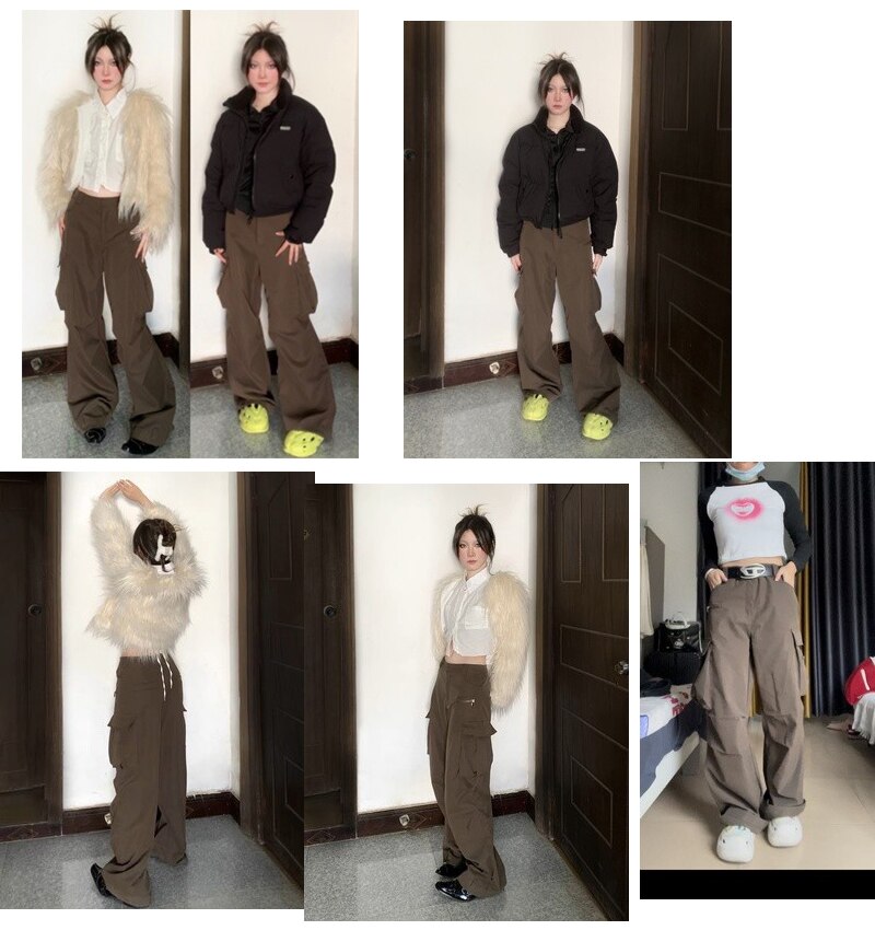 Y2K Neutral Brown Cargo Pants Loose Pocket Wide Leg Trousers Woman Female Street Stylish Autumn Spring PB&ZA Quality Y2K Neutral Brown Cargo Pants Loose Pocket Wide Leg Trousers Woman Female Street Stylish Autumn Spring PB&ZA Quality