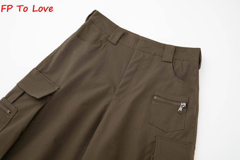 Y2K Neutral Brown Cargo Pants Loose Pocket Wide Leg Trousers Woman Female Street Stylish Autumn Spring PB&ZA Quality Y2K Neutral Brown Cargo Pants Loose Pocket Wide Leg Trousers Woman Female Street Stylish Autumn Spring PB&ZA Quality