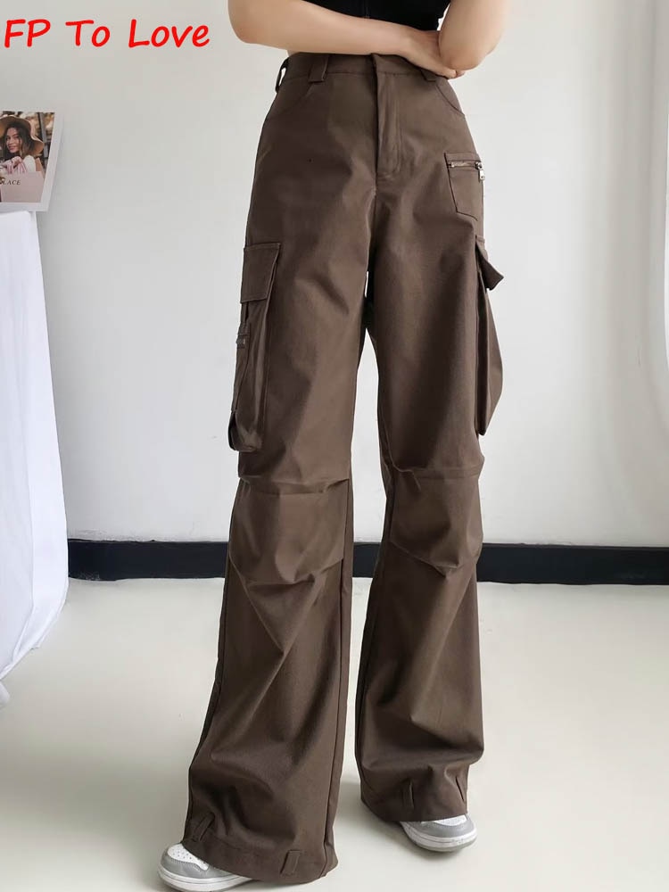 Y2K Neutral Brown Cargo Pants Loose Pocket Wide Leg Trousers Woman Female Street Stylish Autumn Spring PB&ZA Quality Y2K Neutral Brown Cargo Pants Loose Pocket Wide Leg Trousers Woman Female Street Stylish Autumn Spring PB&ZA Quality