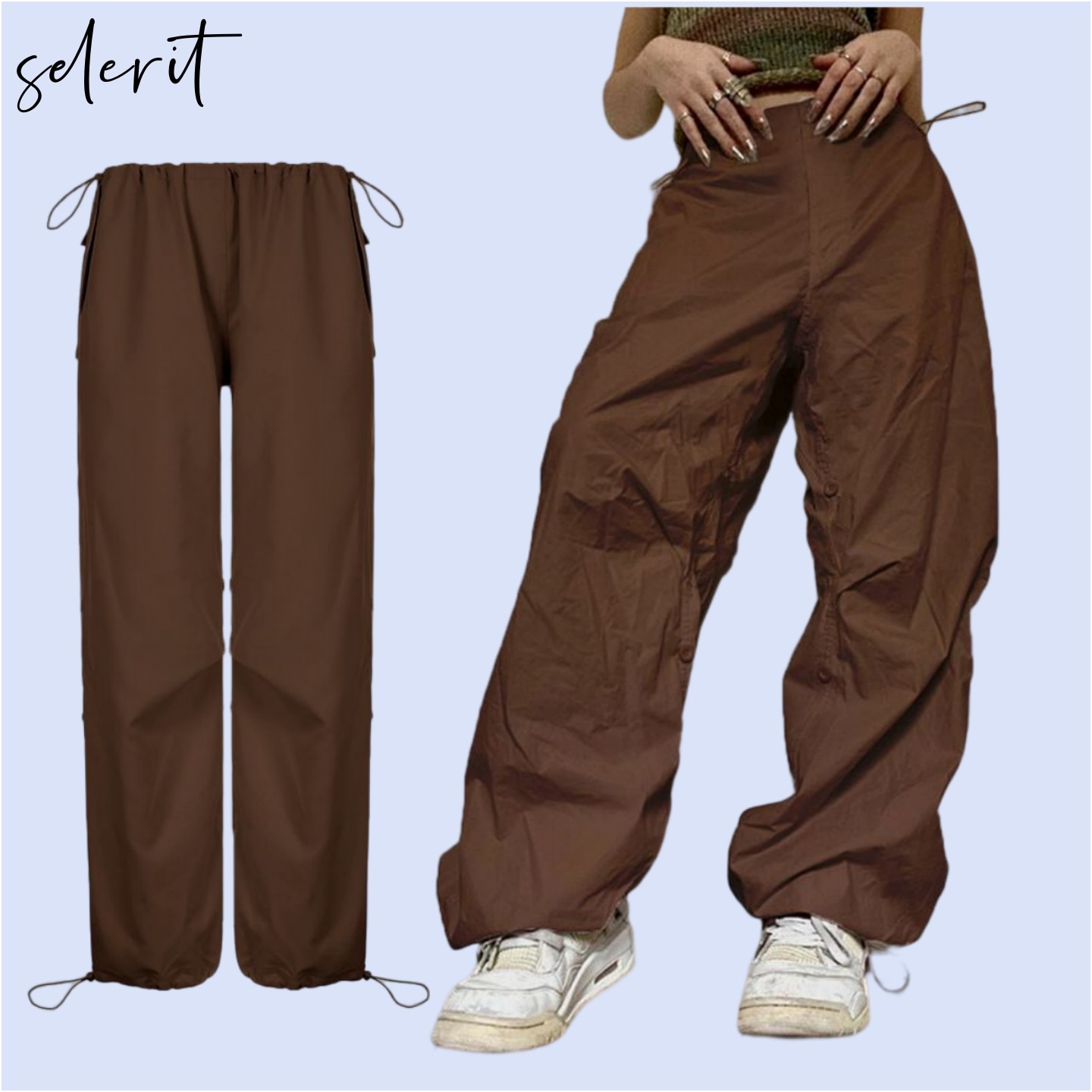 Baggy Cargo Parachute Pants Y2k Jogger Trousers Brown Wide Leg Retro Old School Hip Hop Adjustable Button For Ladies Women Fall