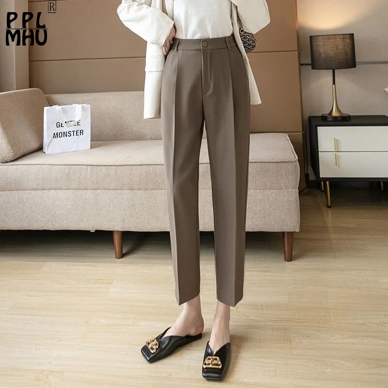 Casual Brown Suit Pants Women Office Lady Work Thin Straight Pantalones New High Waist Loose OL Vintage Trousers Ankle Length