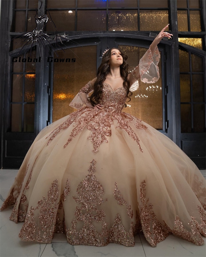 Rose Gold Sequin Quinceanera Dress 2023 Sweetheart Bead Plus Size Corset Prom Dress Ruffle Ball Gown Luxury Vestido De 15 Anos