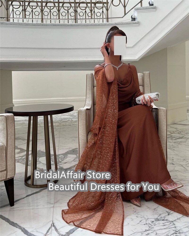 2023 Coffee Brown Silk Saudi Arabic Women Formal Evening Dresses Glitter Shawl Floor Length Night Occasion Event Gowns 2023 Coffee Brown Silk Saudi Arabic Women Formal Evening Dresses Glitter Shawl Floor Length Night Occasion Event Gowns
