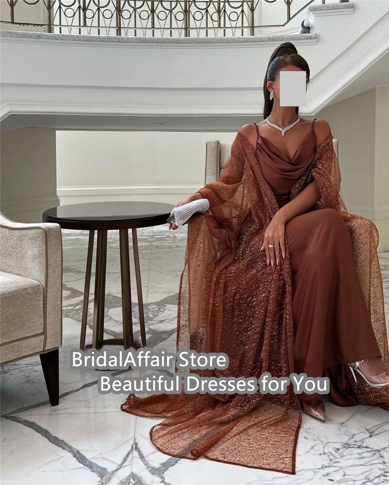 2023 Coffee Brown Silk Saudi Arabic Women Formal Evening Dresses Glitter Shawl Floor Length Night Occasion Event Gowns 2023 Coffee Brown Silk Saudi Arabic Women Formal Evening Dresses Glitter Shawl Floor Length Night Occasion Event Gowns