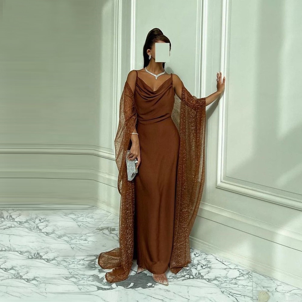 2023 Coffee Brown Silk Saudi Arabic Women Formal Evening Dresses Glitter Shawl Floor Length Night Occasion Event Gowns