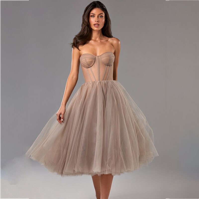 Brown Cocktail Dresses Sweetheart Neck Tulle Tea Length Prom Dress Women Ladies Strapless Illusion Custom Made Homecoming Gowns