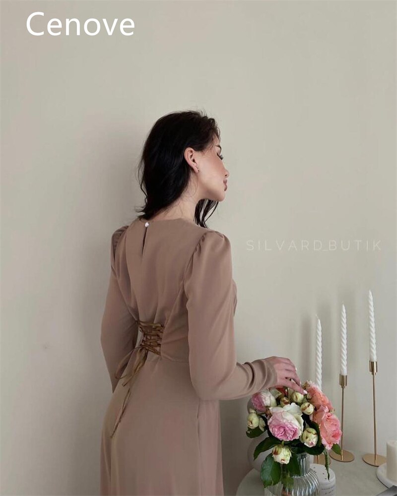 Cenove Brown A-Line O Neckline Prom Dress Tea-Length With Long Sleeves Evening Summer Party Dress For Women Cenove Brown A-Line O Neckline Prom Dress Tea-Length With Long Sleeves Evening Summer Party Dress For Women