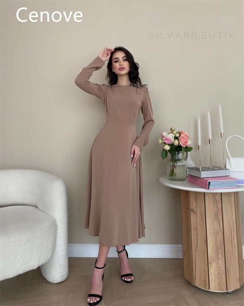 Cenove Brown A-Line O Neckline Prom Dress Tea-Length With Long Sleeves Evening Summer Party Dress For Women