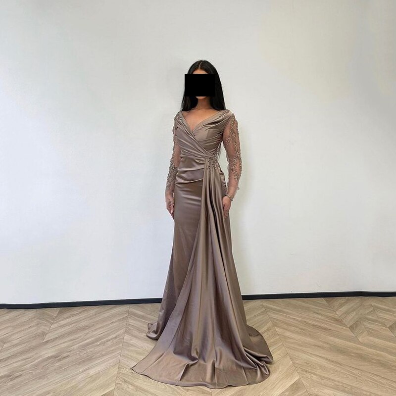 Sexy Mermaid Prom Dress Silk Satin Evening Dress With Long Sleeve فستان سهرة Brown Arabic Women Formal Prom Dress Sexy Mermaid Prom Dress Silk Satin Evening Dress With Long Sleeve فستان سهرة Brown Arabic Women Formal Prom Dress