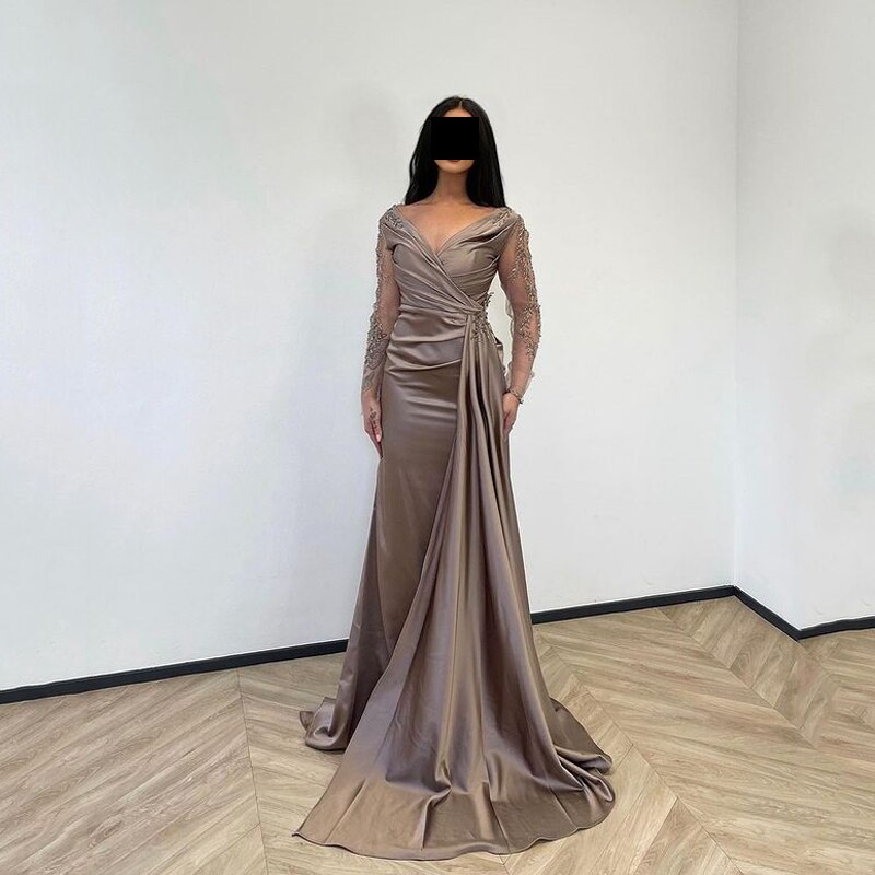 Sexy Mermaid Prom Dress Silk Satin Evening Dress With Long Sleeve فستان سهرة Brown Arabic Women Formal Prom Dress Sexy Mermaid Prom Dress Silk Satin Evening Dress With Long Sleeve فستان سهرة Brown Arabic Women Formal Prom Dress