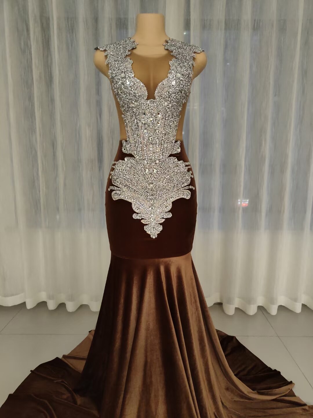 Women Brown Velvet Sexy See Through Shiny Diamonds Evening Dresses Women Elegant Dazzling Party Dress Prom Mermaid Dress Kongque Women Brown Velvet Sexy See Through Shiny Diamonds Evening Dresses Women Elegant Dazzling Party Dress Prom Mermaid Dress Kongque
