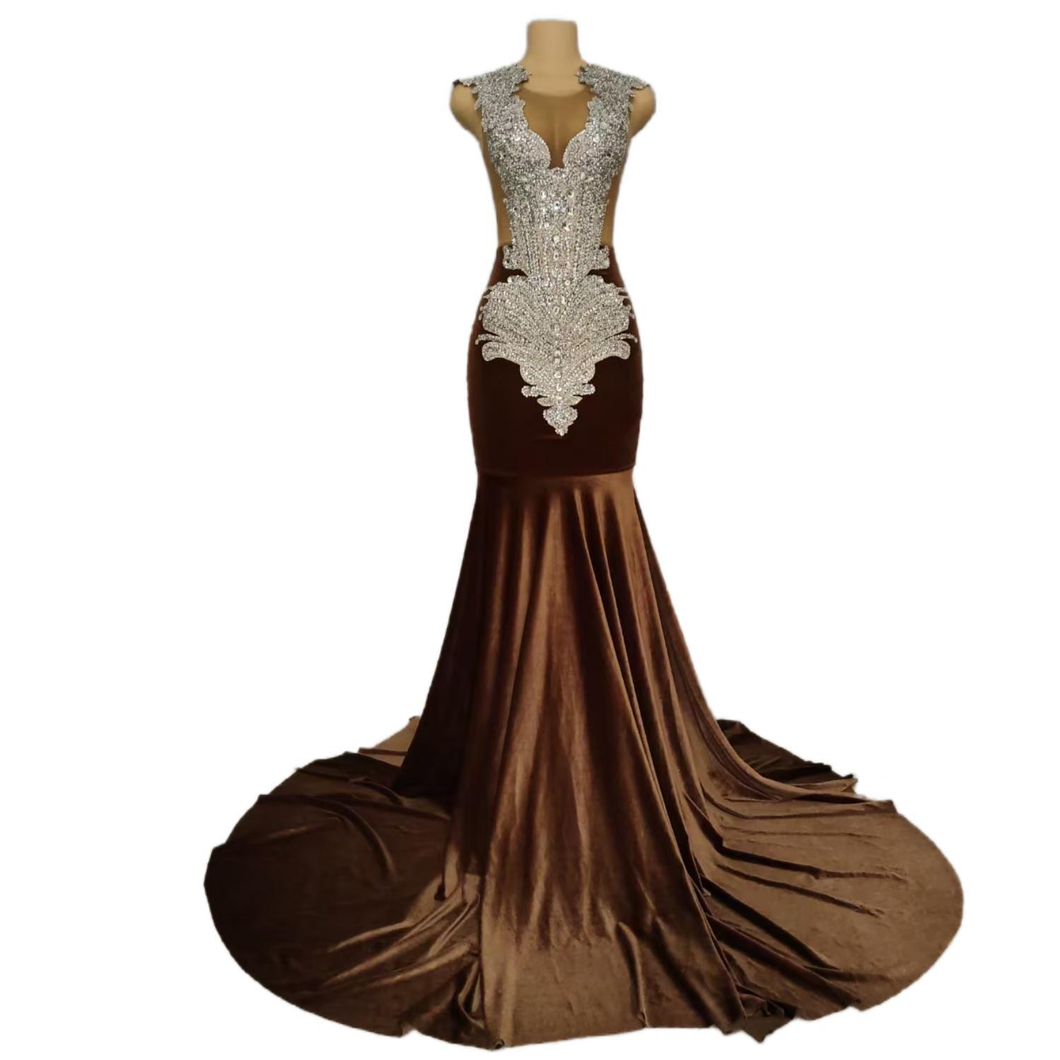 Women Brown Velvet Sexy See Through Shiny Diamonds Evening Dresses Women Elegant Dazzling Party Dress Prom Mermaid Dress Kongque