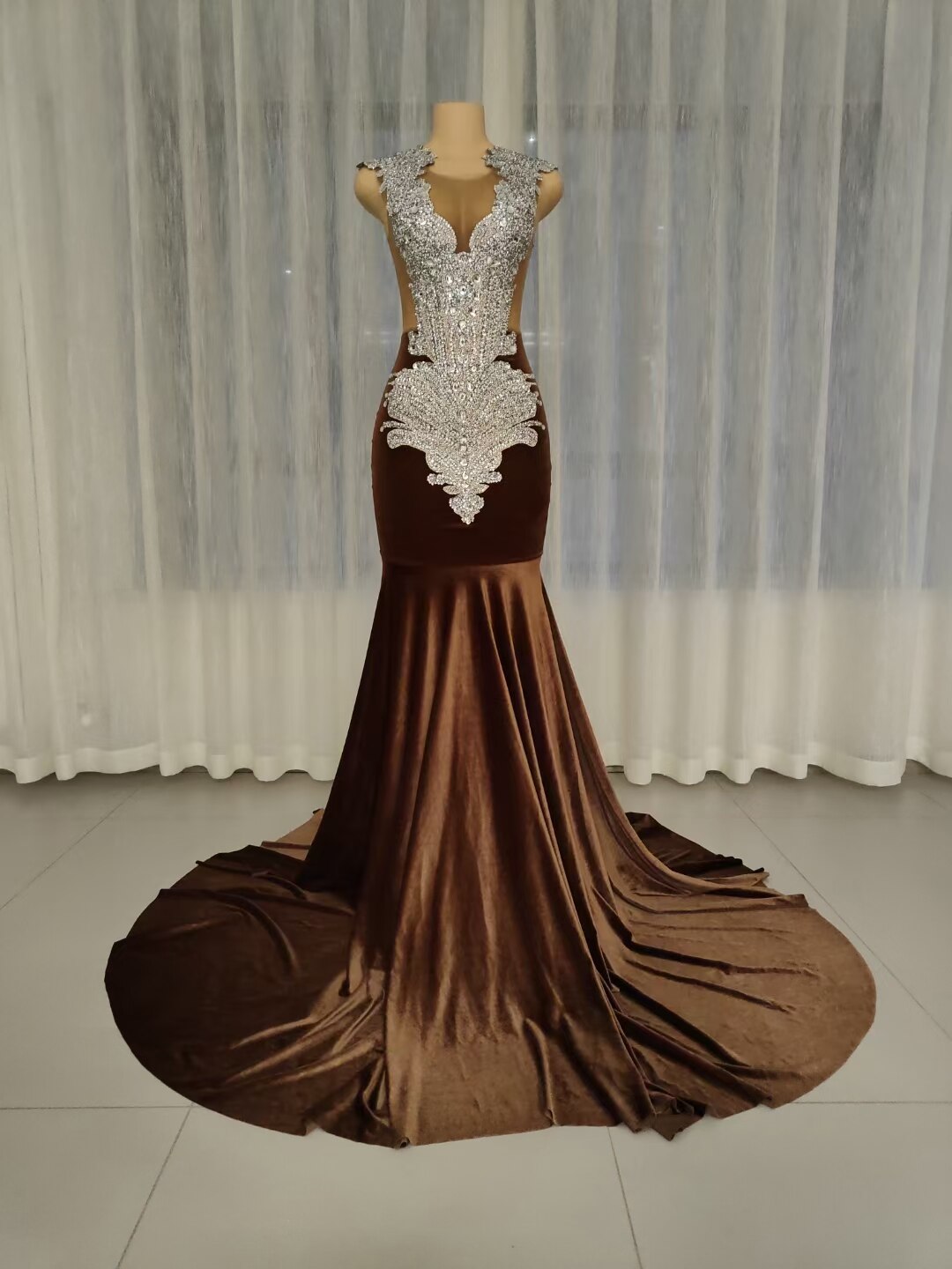 Women Brown Velvet Sexy See Through Shiny Diamonds Evening Dresses Women Elegant Dazzling Party Dress Prom Mermaid Dress Kongque Women Brown Velvet Sexy See Through Shiny Diamonds Evening Dresses Women Elegant Dazzling Party Dress Prom Mermaid Dress Kongque