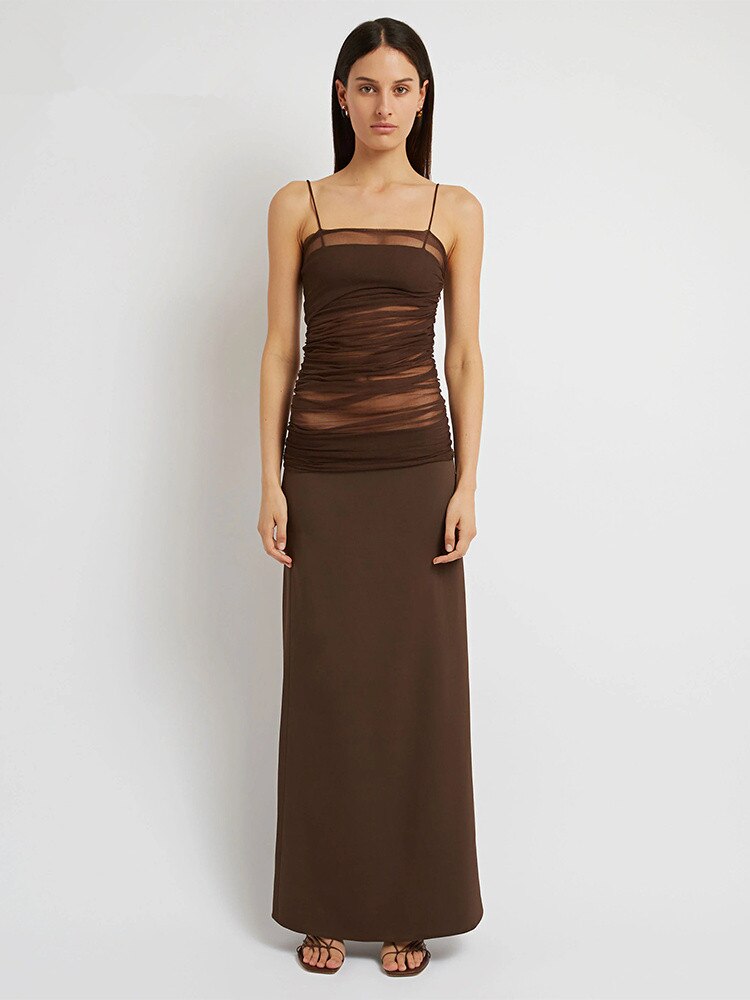 Luxury Women Summer Sexy Sleeveless Mesh Ruched Ankle Length Brown White Bandage Dress 2023 Elegant Evening Club Party Dress
