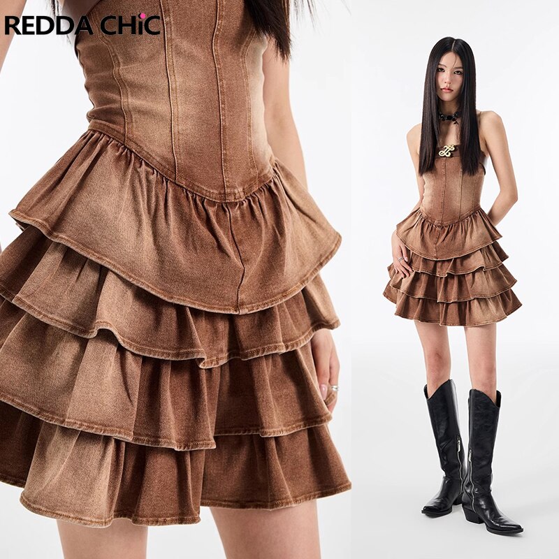 REDDACHiC Brown Corset Vintage One-Piece Women Evening Dress Denim Short Bodycon Fitted Ruffles Cake Skirt Party Festival Outfit