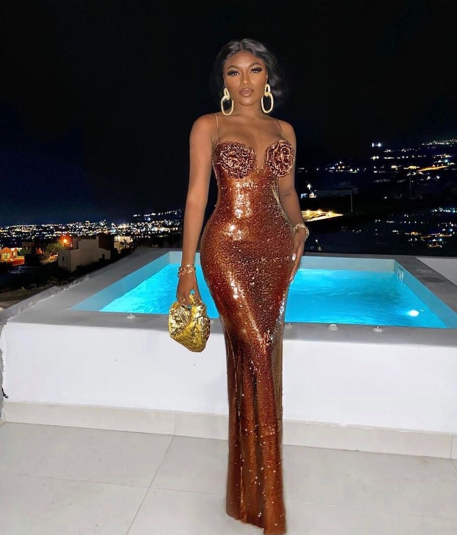 High End Designer Women Party Gowns Chic And Elegant Brown Spaghetti Strap V Neck Flowers Bustier Maxi Long Formal Evening Dress