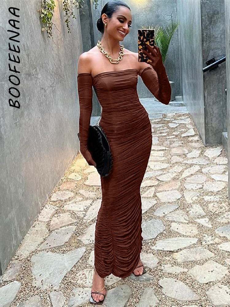 BOOFEENAA Ladies Party Dresses Women Sexy Elegant Tube Top Ruched Bodycon Maxi Dress with Gloves Brown Evening Wear C70-DC35