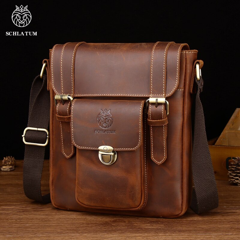 Crazy Horse Genuine Leather Male Messenger Bags Vintage Brown Crossbody Bag Quality Fashion Shoulder Bag