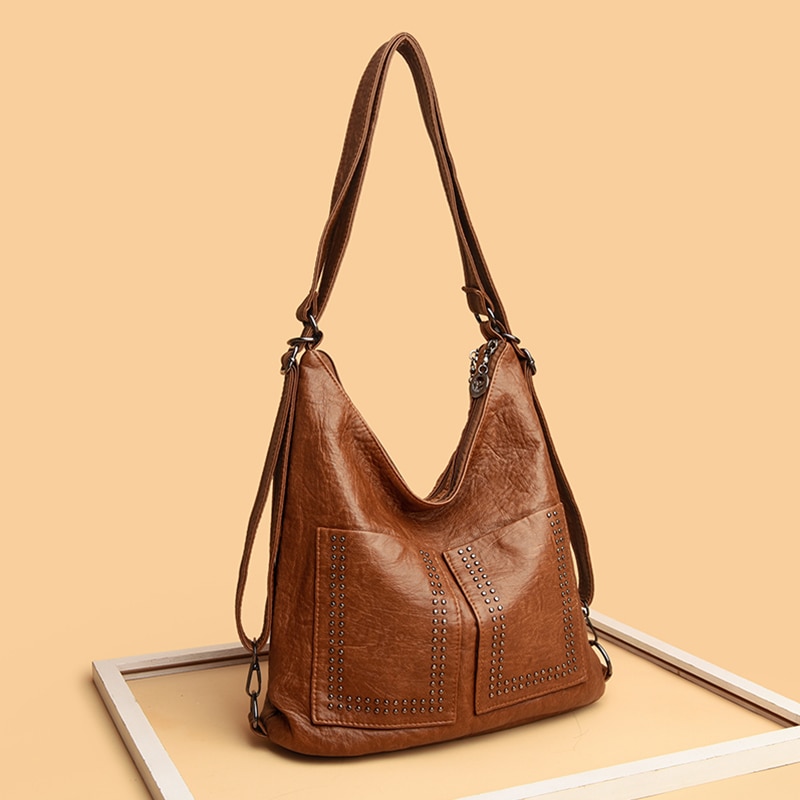 Women's Brown Large Shoulder Bag Rivet Decoration Punk Multi Pocket Sweethearts Backpack Female Multifunction Pu Leather Handbag