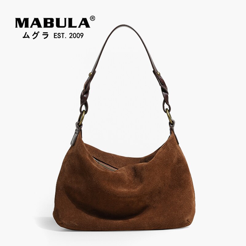 MABULA Vintage Brown Genuine Suede Women Shoulder Bags Large Capacity Tote Bag High Quality Fashion Hobo Handbags Leather Handle