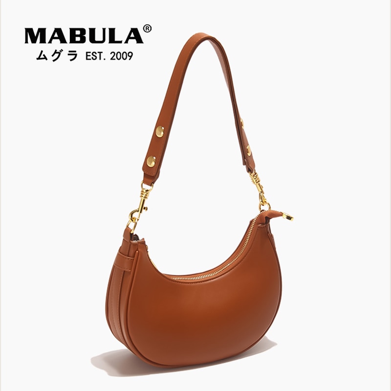 MABULA Brown Half Moon Women Hobo Shoulder Purses 2022 Brand Casual Leather Tote Handbags Fashion Portable Sling Crossbody Bag
