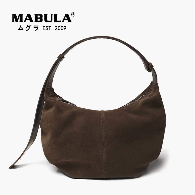 MABULA Genuine Leather Suede Tote Bags Fashion Half Moon Women Shoulder Bags Brown Vintage Female Handbags Phone Purses