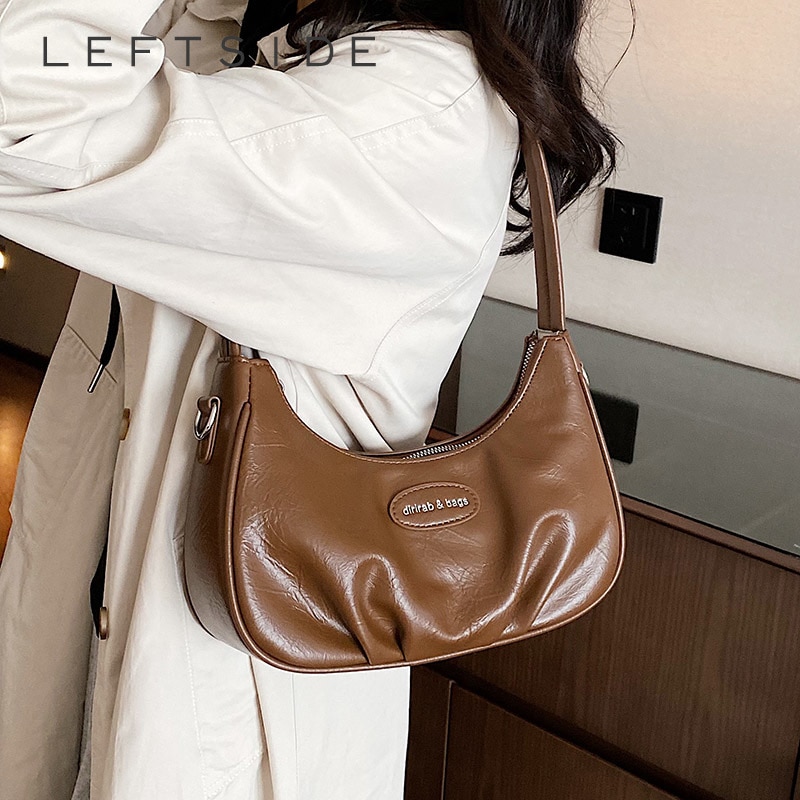 LEFTSIDE Retro Simple Small PU Leather Shoulder Bags for Women 2023 Retro Fashion Crossbody Bag Female Handbags Underarm Bag