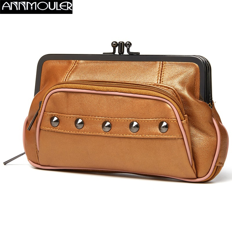 Annmouler Luxury Women Wallet Genuine Leather Coin Purse Sheepskin Rivet Handbags Brown Change Card Holders Female Bag Purses