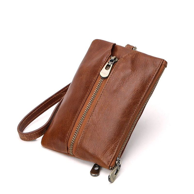 Contact'S Genuine Leather Zipper Coin Wallets for Women Brown Car Key Housekeeper Holders Mini Coin Purse Key Organizer