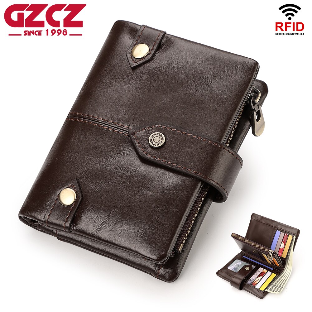 Casual Men's Wallet Genuine Leather  Zipper Small Coin Pocket Multi-slot RFID Credit Card Holder with ID Window Male Money Bag