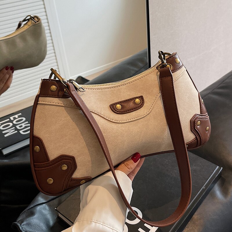 2023 Vintage French Style Women Patchwork Shoulder Bags Designer Lady Brown Black Chic Armpit Bags Rivets Handbags Prom Clutch
