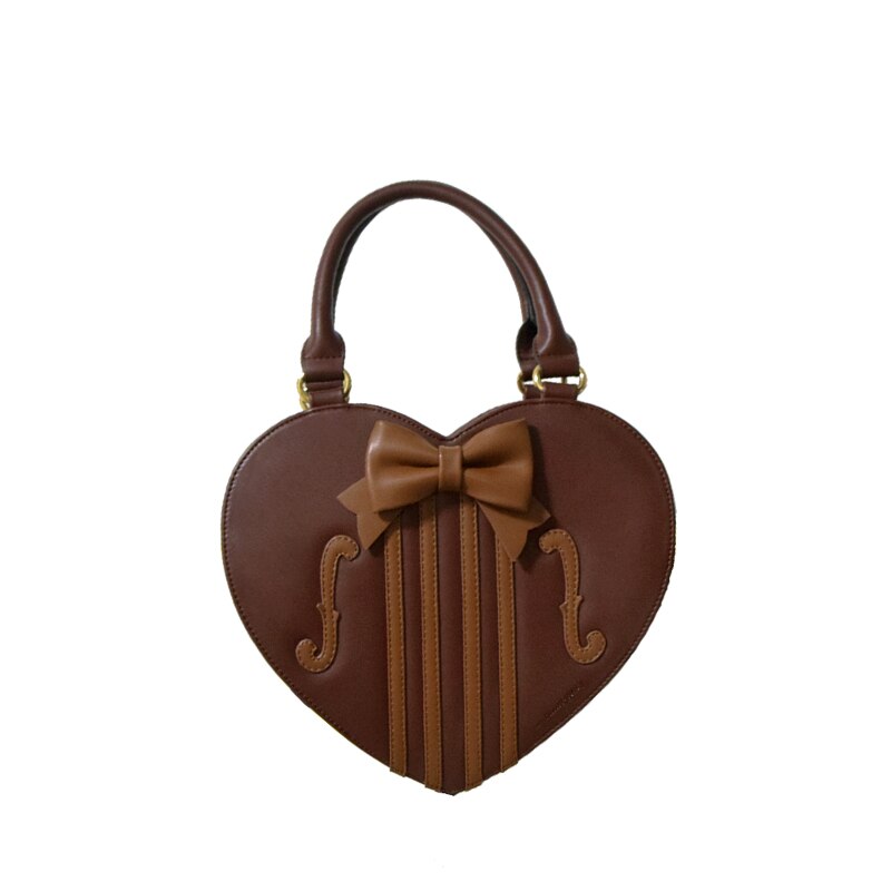 Sweet Lolita Heart-shaped Handbas Women Vintage Violin Print Totes PU Leather Crossbody Bag Ladies Purse and Clutch Bag Brown