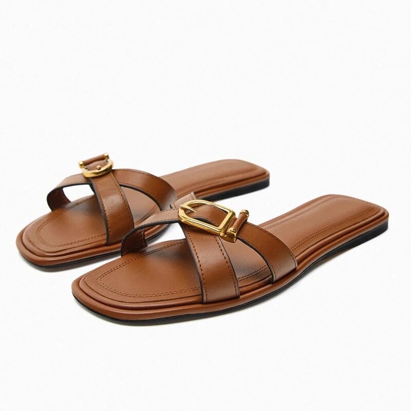 ZAZA 2023 Women Brown Leather Crisscross Sandals Summer Fashion Rounded toe Flats Sandals Female Sexy Flat Slippers