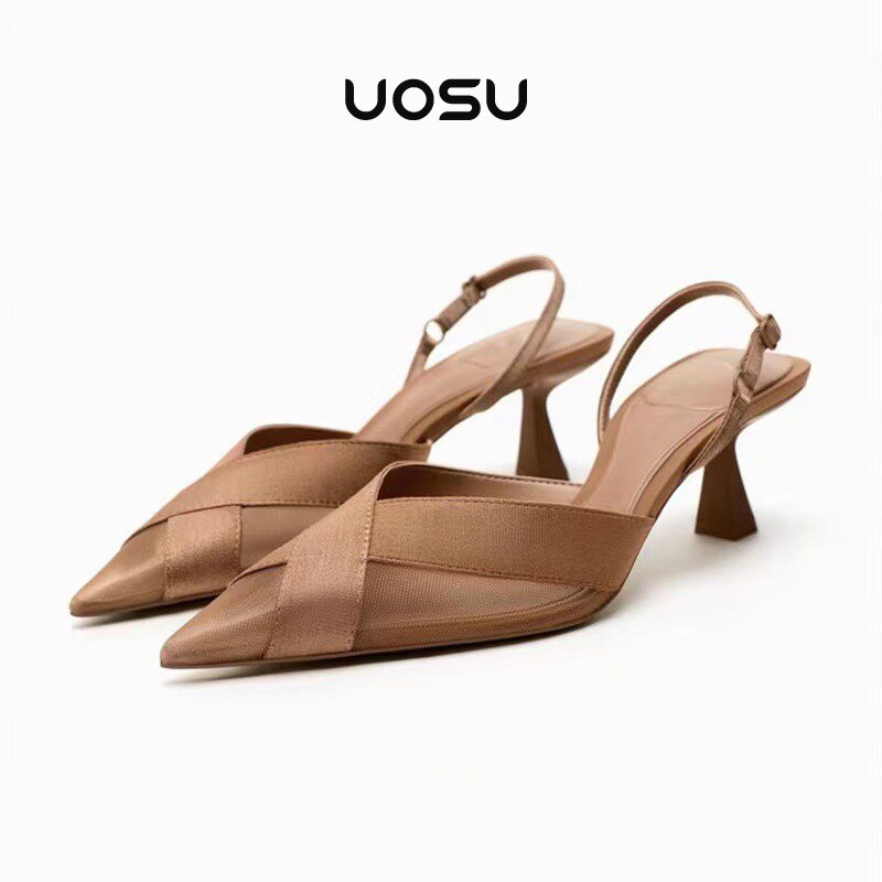 Mesh Women Sandals Pointed Toe PVC Transparent Sling Back Brown Kitten Heels Elegant Ladies Party Female Designers Shoes