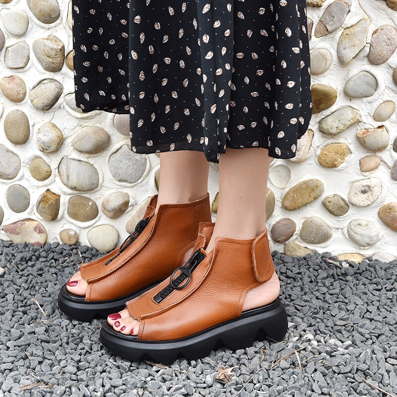 COOTELILI Woman Sandals Flat Shoes 2021 New Fashion Sandals Summer Shoes Round Toe Zip 5cm Heel Black Brown Size 35-40