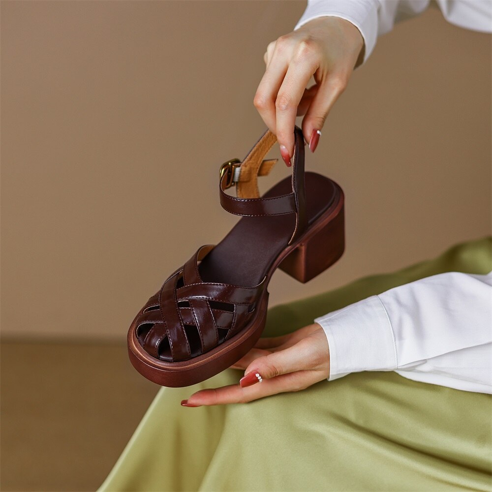 Kanseet Summer New Women Shoes High Heel Roman Sandals Cow Patent Leather Daily Buckle Strap Lady Casual Footwear Brown Size 40 Kanseet Summer New Women Shoes High Heel Roman Sandals Cow Patent Leather Daily Buckle Strap Lady Casual Footwear Brown Size 40