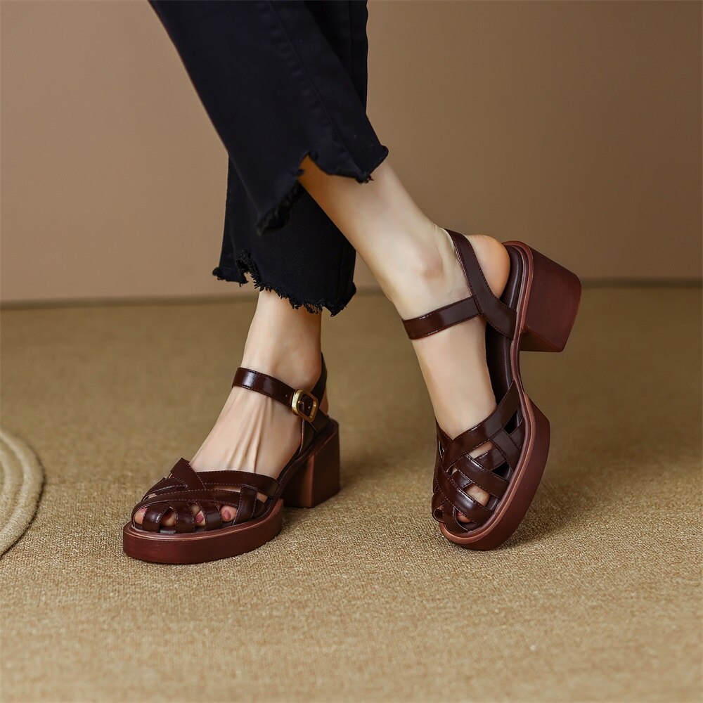 Kanseet Summer New Women Shoes High Heel Roman Sandals Cow Patent Leather Daily Buckle Strap Lady Casual Footwear Brown Size 40 Kanseet Summer New Women Shoes High Heel Roman Sandals Cow Patent Leather Daily Buckle Strap Lady Casual Footwear Brown Size 40