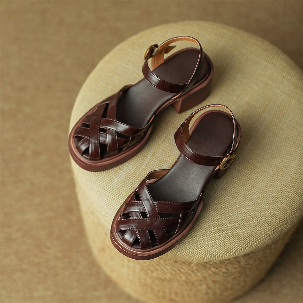 Kanseet Summer New Women Shoes High Heel Roman Sandals Cow Patent Leather Daily Buckle Strap Lady Casual Footwear Brown Size 40 Kanseet Summer New Women Shoes High Heel Roman Sandals Cow Patent Leather Daily Buckle Strap Lady Casual Footwear Brown Size 40