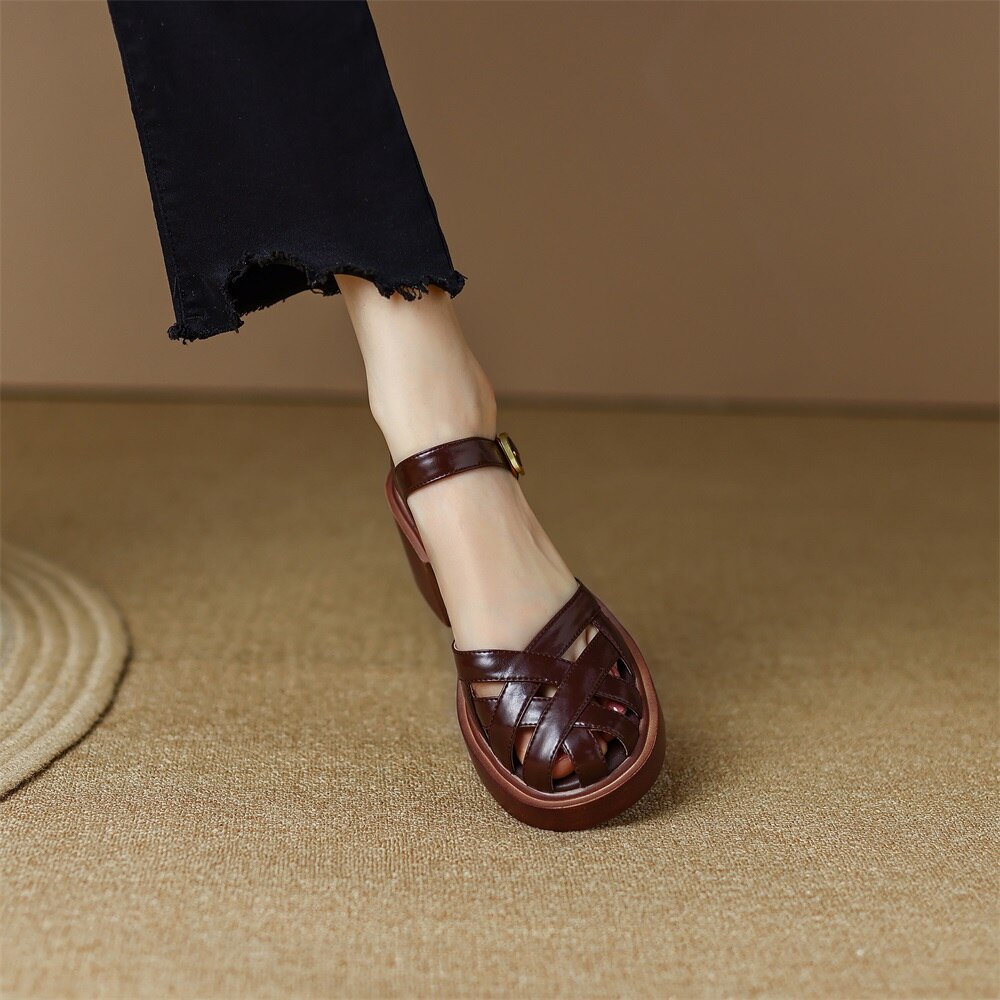 Kanseet Summer New Women Shoes High Heel Roman Sandals Cow Patent Leather Daily Buckle Strap Lady Casual Footwear Brown Size 40 Kanseet Summer New Women Shoes High Heel Roman Sandals Cow Patent Leather Daily Buckle Strap Lady Casual Footwear Brown Size 40