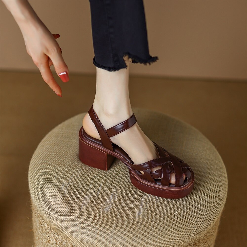 Kanseet Summer New Women Shoes High Heel Roman Sandals Cow Patent Leather Daily Buckle Strap Lady Casual Footwear Brown Size 40 Kanseet Summer New Women Shoes High Heel Roman Sandals Cow Patent Leather Daily Buckle Strap Lady Casual Footwear Brown Size 40