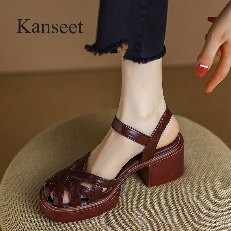 Kanseet Summer New Women Shoes High Heel Roman Sandals Cow Patent Leather Daily Buckle Strap Lady Casual Footwear Brown Size 40