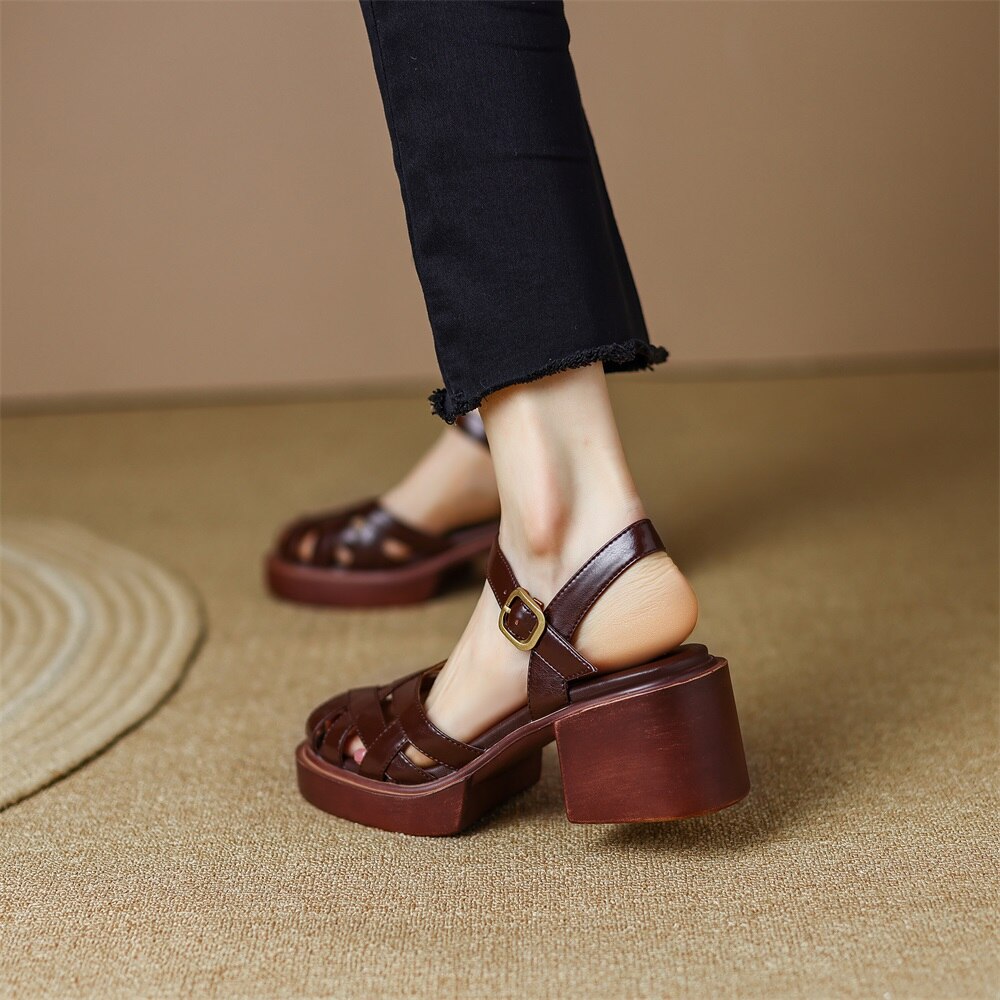 Kanseet Summer New Women Shoes High Heel Roman Sandals Cow Patent Leather Daily Buckle Strap Lady Casual Footwear Brown Size 40 Kanseet Summer New Women Shoes High Heel Roman Sandals Cow Patent Leather Daily Buckle Strap Lady Casual Footwear Brown Size 40