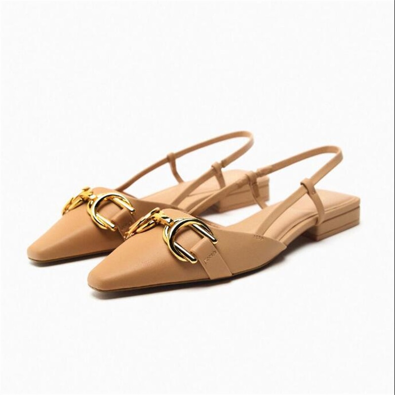 TRAF Women Solid Flats Sandals 2023 Summer Fashion Slingback Flats Shoes Lady Pointed Champagne Sandals Woman Casual Party Flats