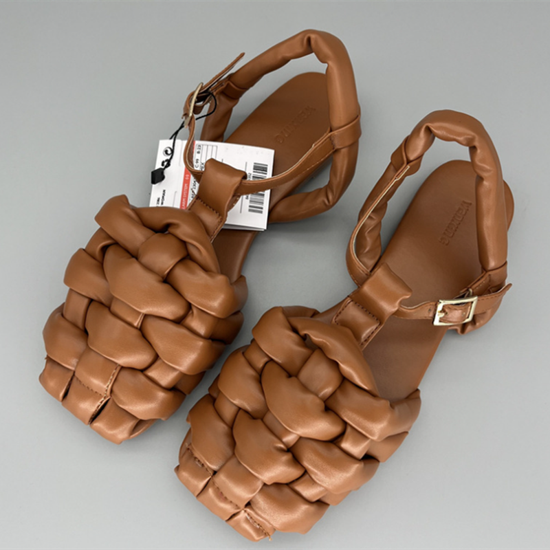 Women Retro Rome Style Weaving Sandals With Buckle Strap Square Toe Cut-outs Hollow Sandalias Brown Black Flat Shoes 36-41 25cm