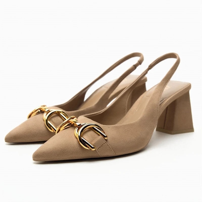 TRAF 2023 Sandals Brown Slingbacks Black Pumps Fashion Metal Heels Female Square Root Sandals Party Wedding Office Casual Pumps